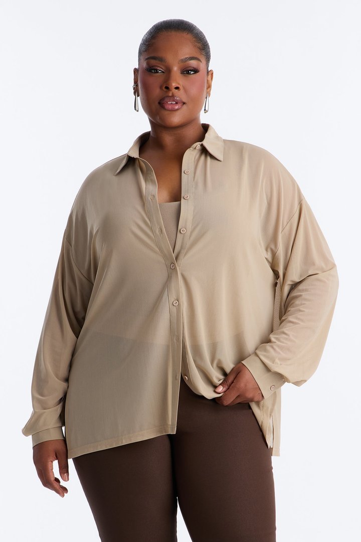 Staying In Mesh Collard Long Sleeve Shirt - Taupe