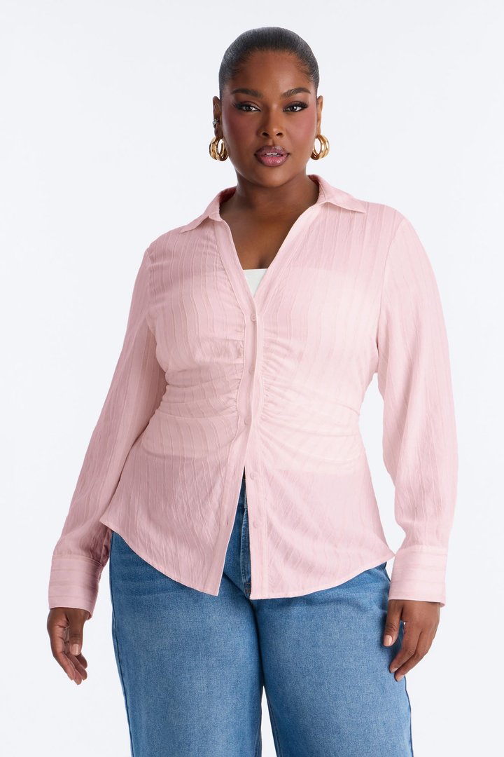 Spring Walks Ruched Linen Shirt - Light Pink