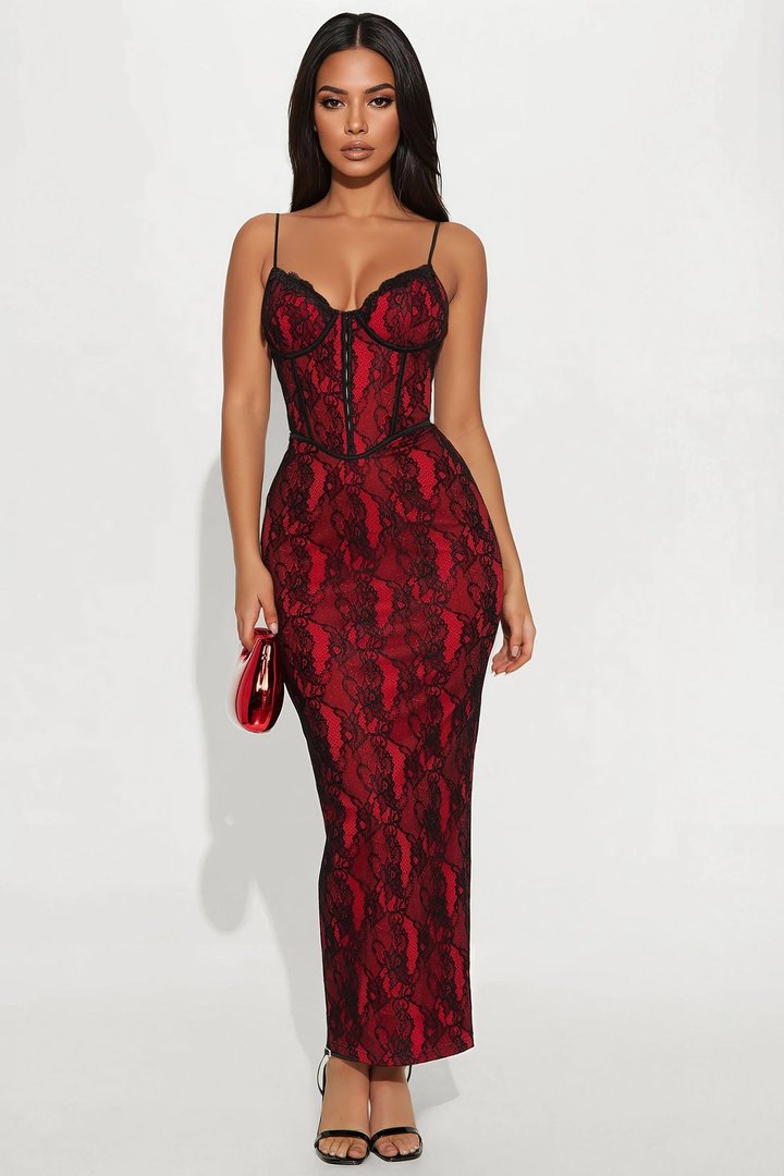 Head Turner Lace Maxi Dress - Red/Black