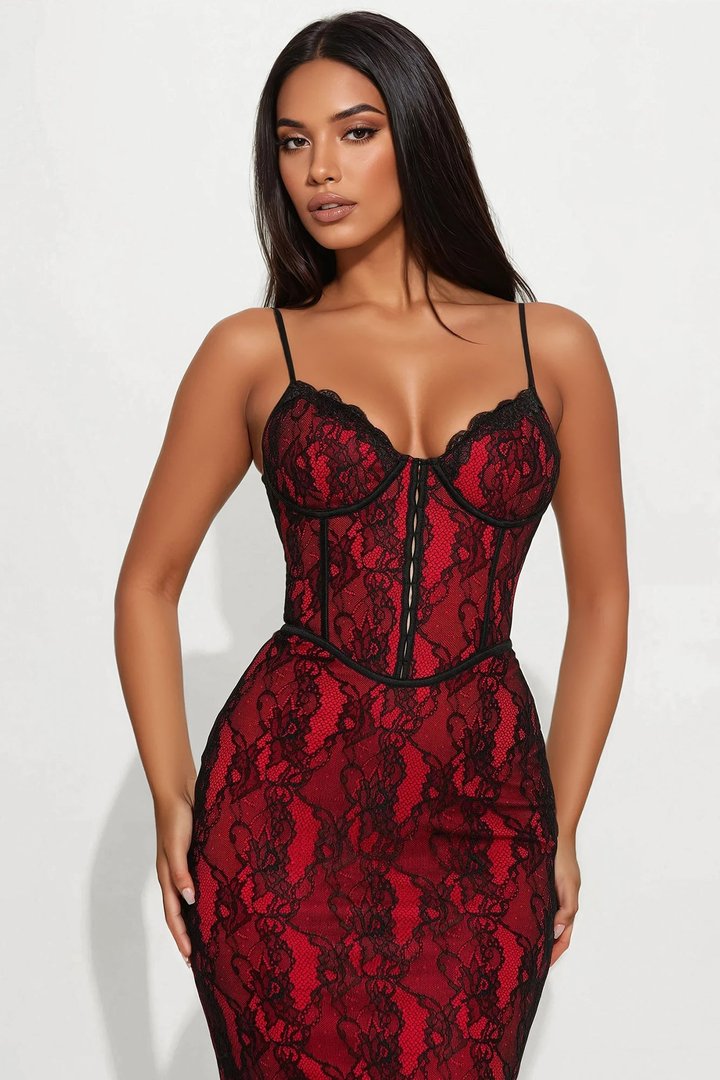 Head Turner Lace Maxi Dress - Red/Black