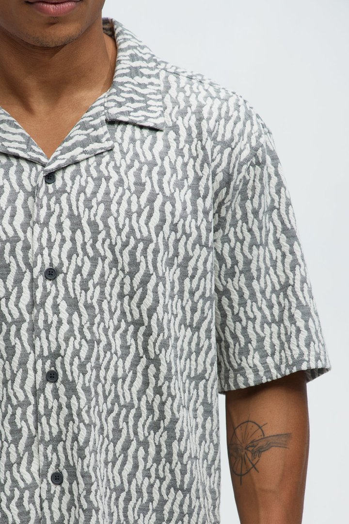 Havana Jacquard Short Sleeve Button Up Shirt - Grey