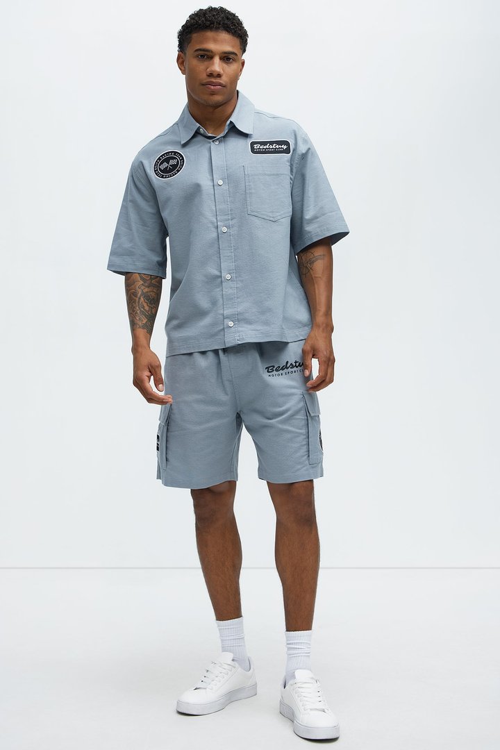 Cropped Bedstuy Patch Button Up Shirt - Light Blue