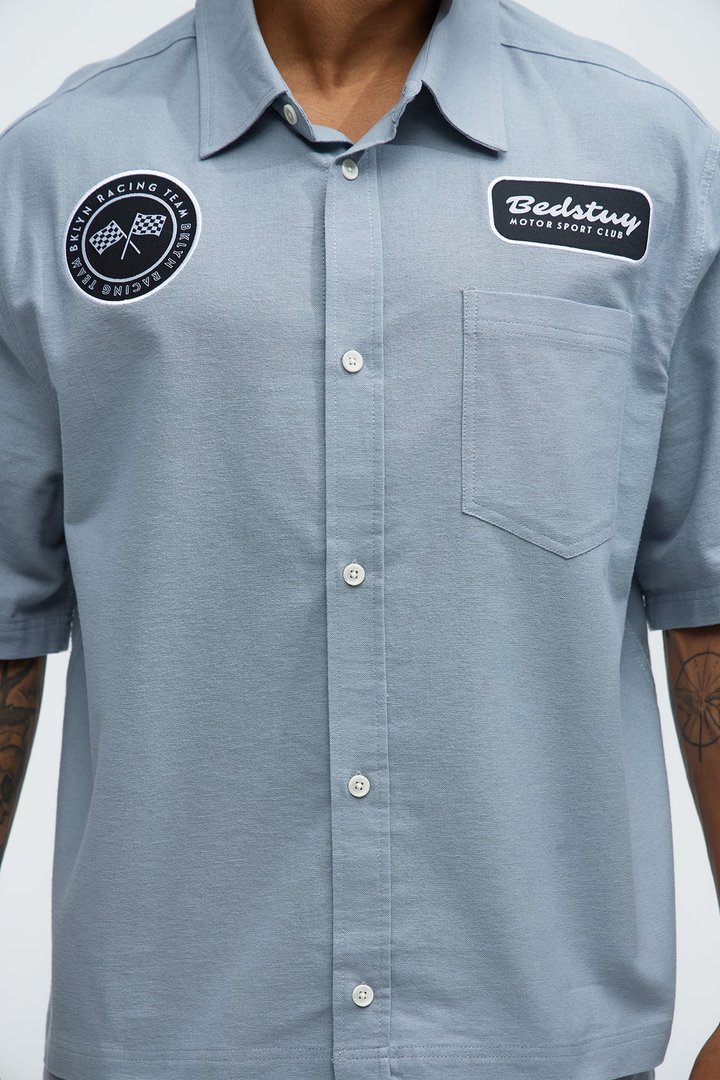 Cropped Bedstuy Patch Button Up Shirt - Light Blue