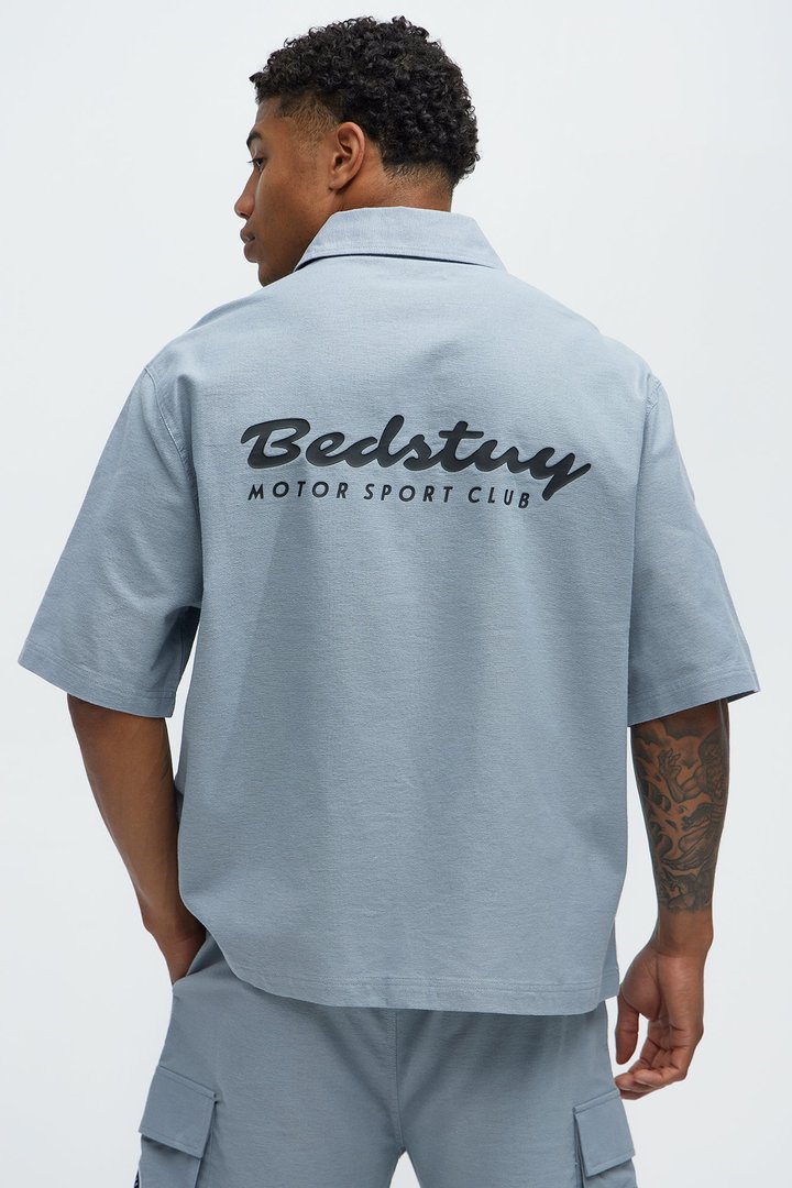 Cropped Bedstuy Patch Button Up Shirt - Light Blue