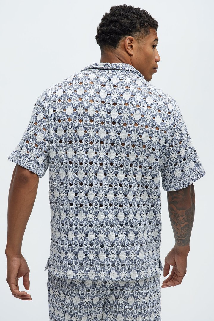 Patterned Open Knit Button Down Shirt - Blue/combo
