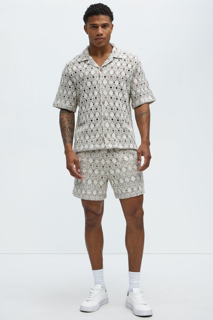 Patterned Open Knit Button Down Shirt - Cream/combo