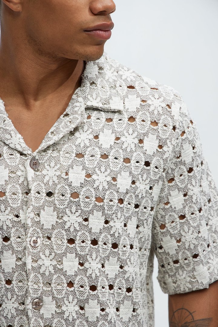 Patterned Open Knit Button Down Shirt - Cream/combo