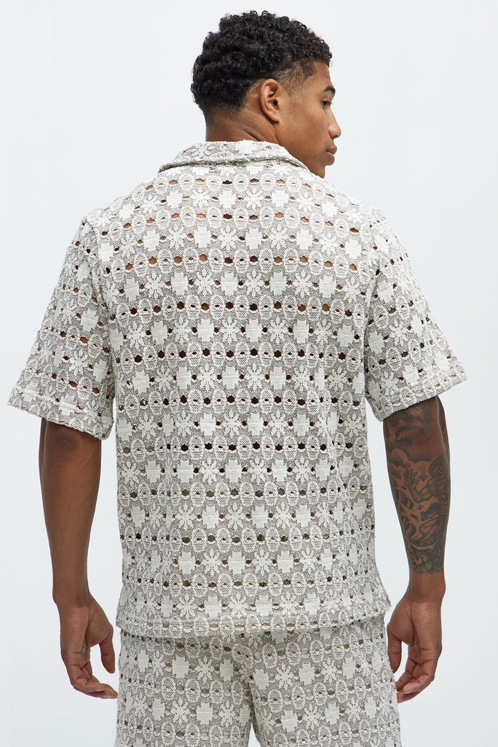 Patterned Open Knit Button Down Shirt - Cream/combo