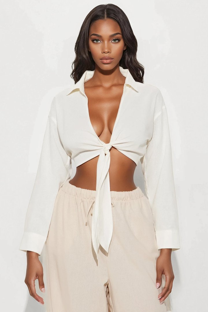 Alia Linen Tie Front Cropped Top - White