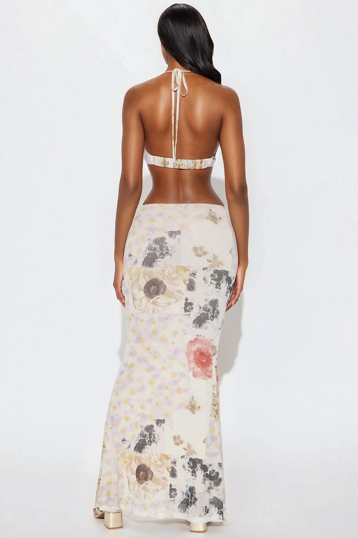 Floral Escape Mesh Maxi Skirt Set - Stone/Combo