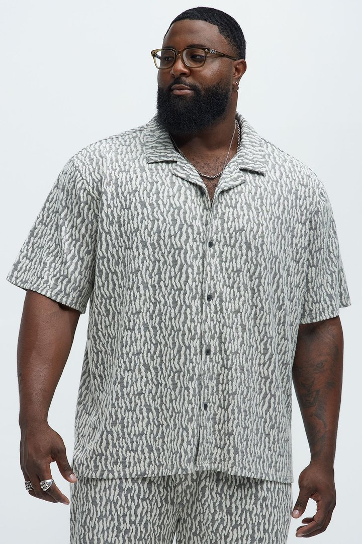 Havana Jacquard Short Sleeve Button Up Shirt - Grey