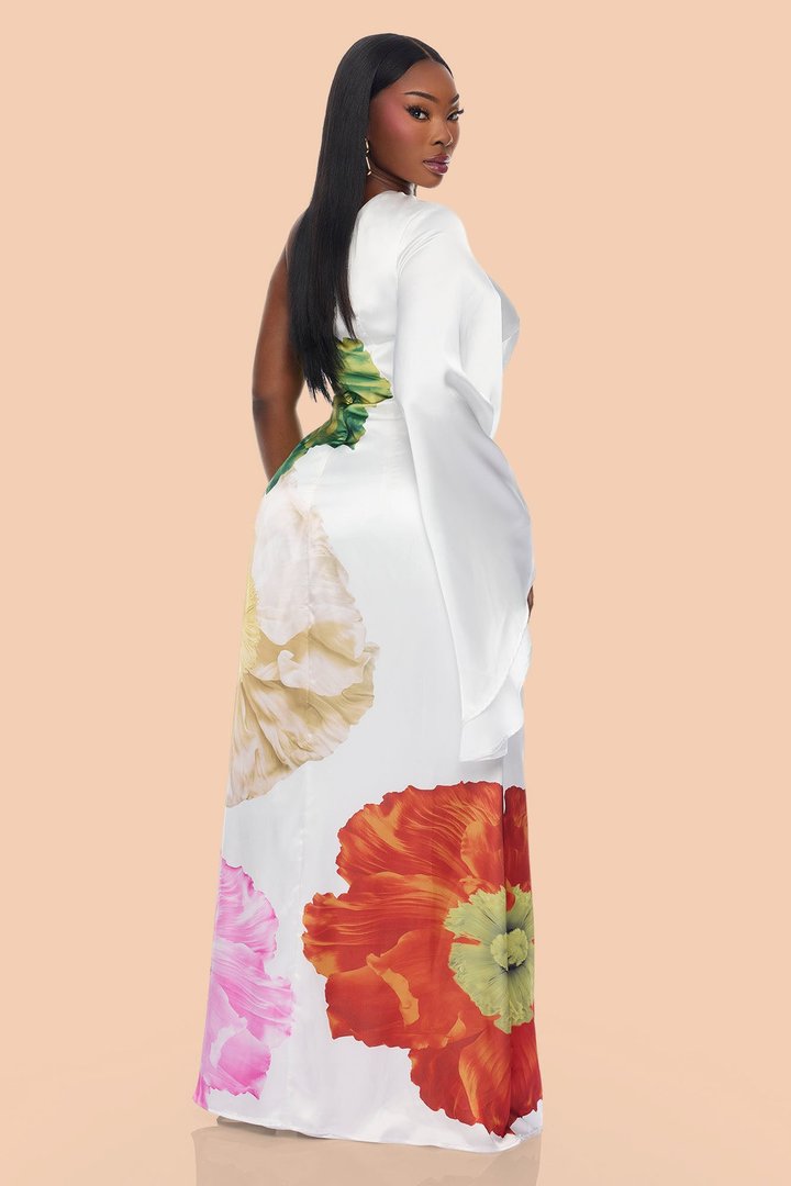 Alana One Shoulder Satin Maxi Dress - White/combo