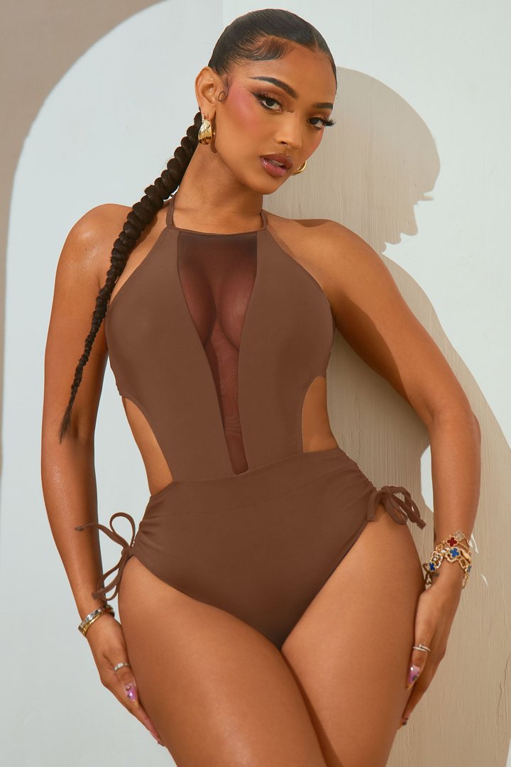 Karly Mesh Cutout 1 Piece Swimsuit - Chocolate