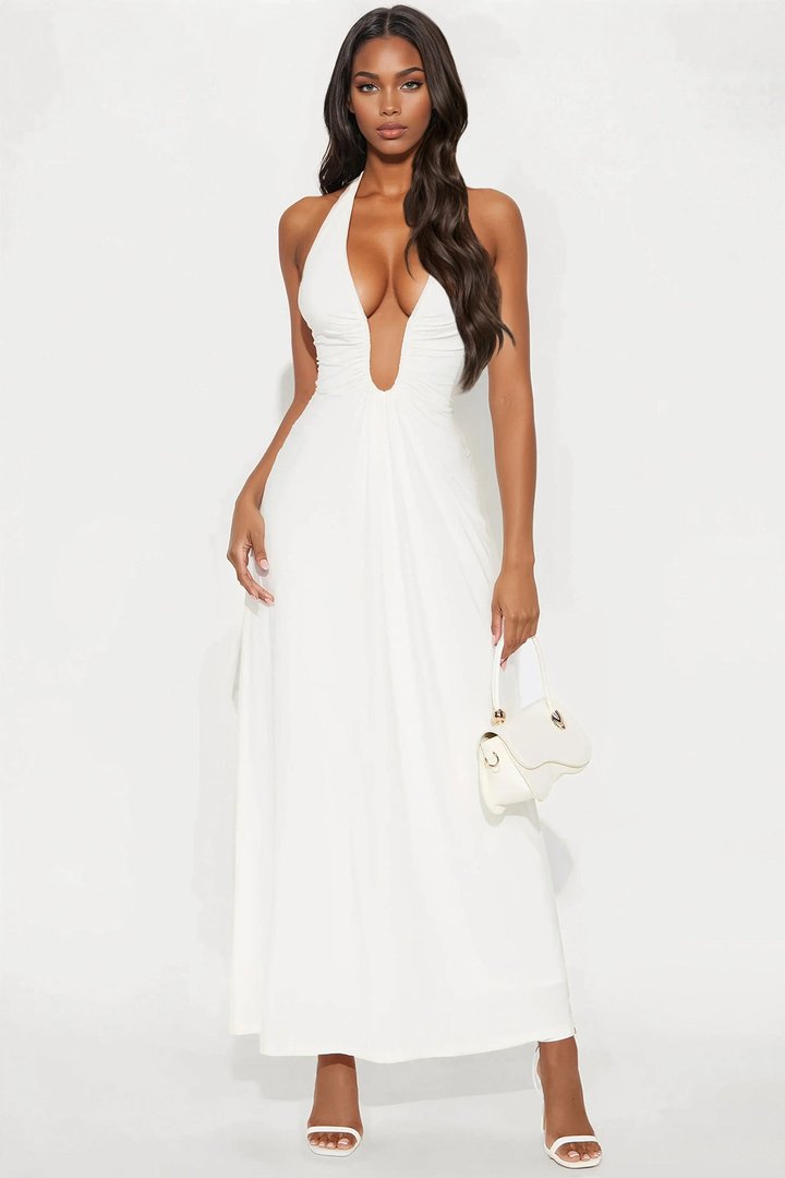Charlotte Halter Plunge Maxi Dress - White
