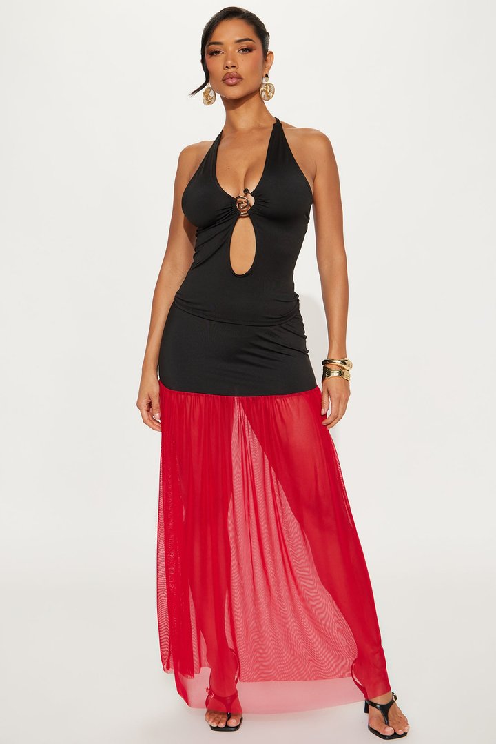 Stole Your Attention Mesh Maxi Skirt Set - Black/Red