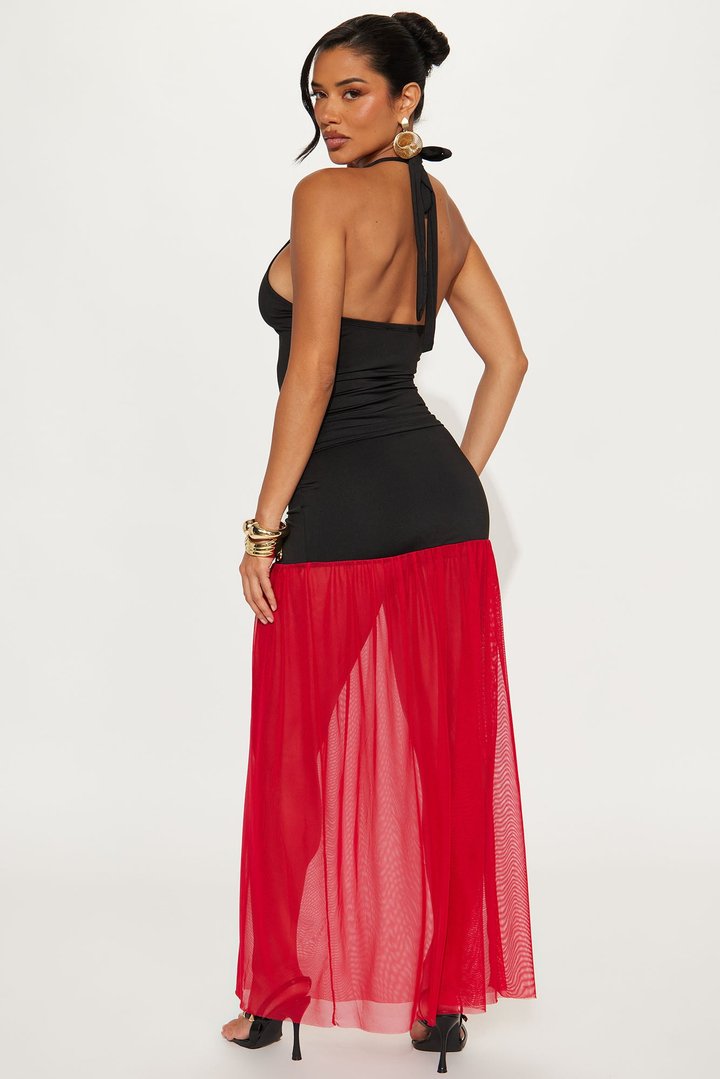Stole Your Attention Mesh Maxi Skirt Set - Black/Red