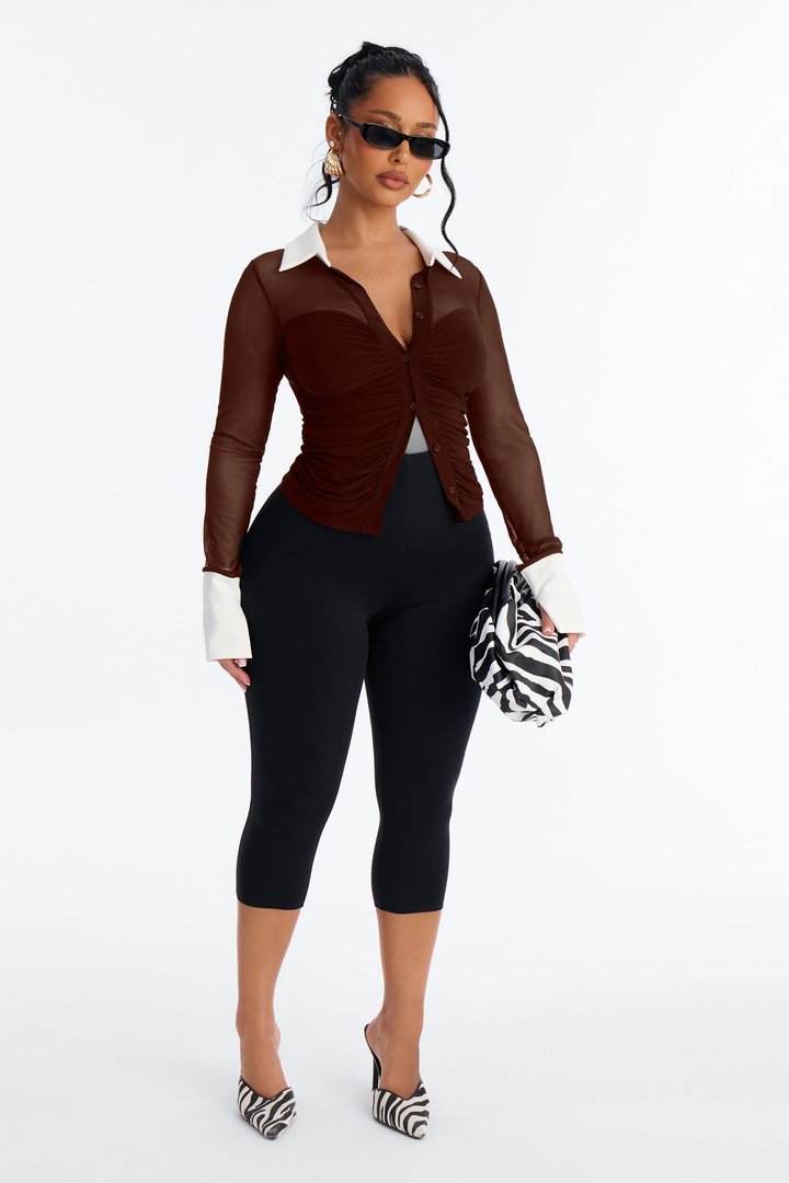 Strictly Yours Ruched Mesh Long Sleeve Shirt - Chocolate