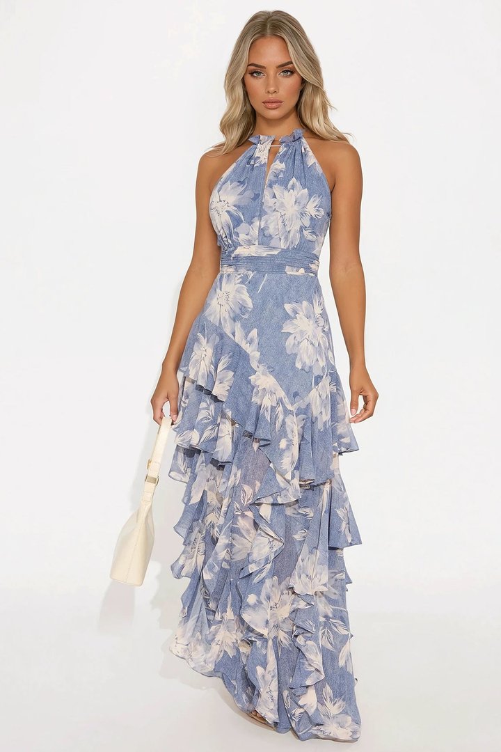 Ingrid Chiffon Maxi Dress - Blue/combo