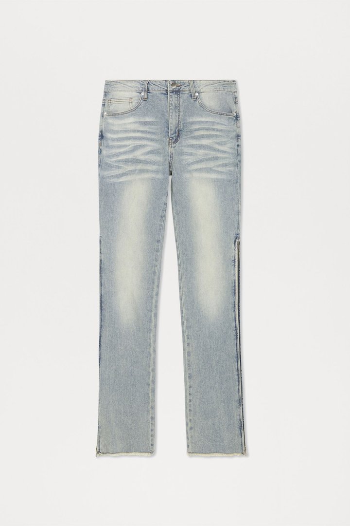 Along Side Zipper Stacked Skinny Flare Jeans - Light Blue Wash
