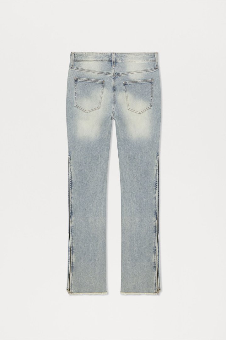 Along Side Zipper Stacked Skinny Flare Jeans - Light Blue Wash
