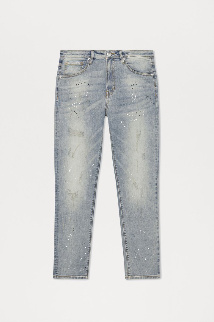 Ripped And Bleach Splatter Stacked Slim Flare Jeans - Light Blue Wash