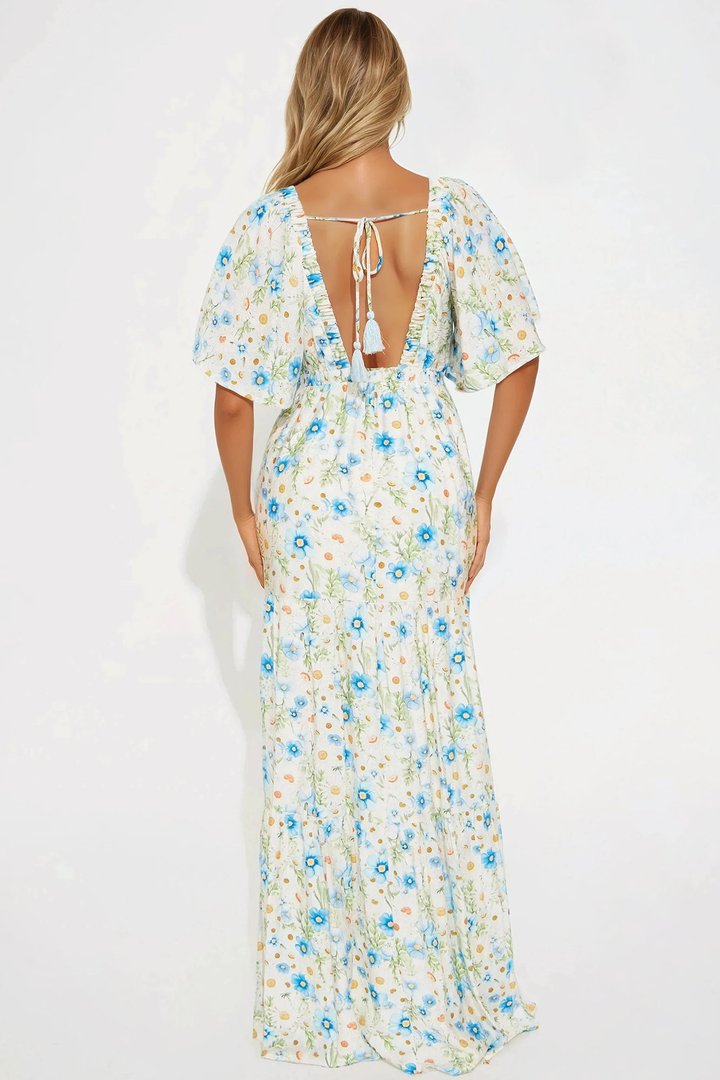 Michelle Floral Challis Maxi Dress - Blue/combo