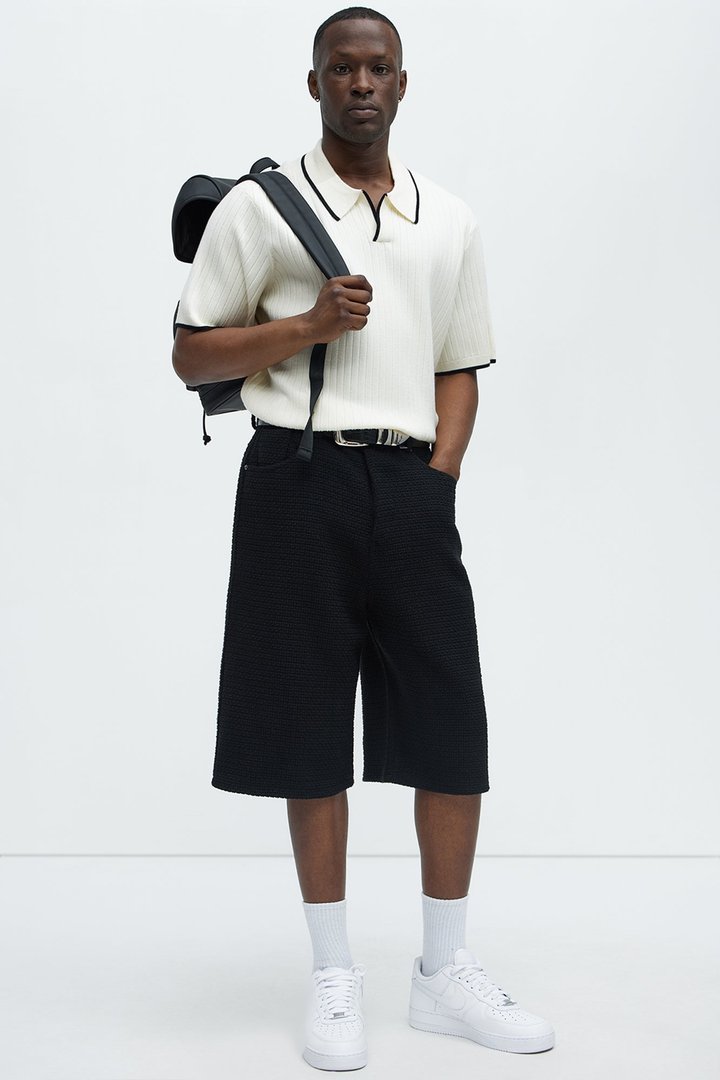 Garrison Knitted Johnny Collar Short Sleeve Polo - Cream/combo