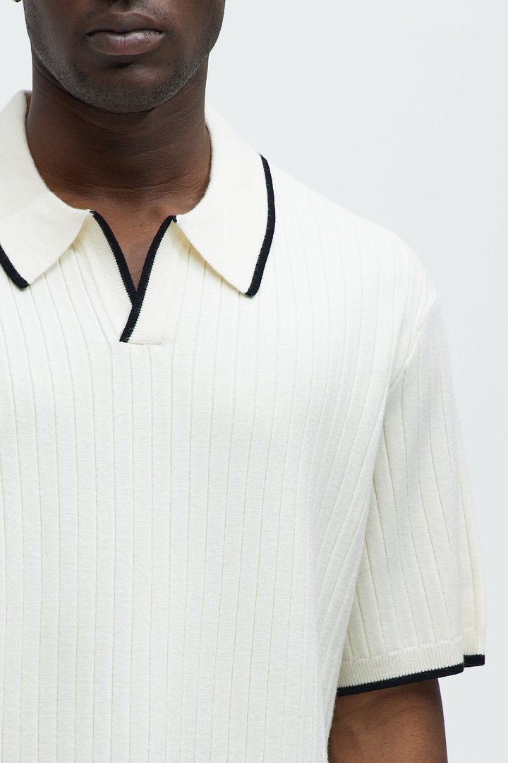 Garrison Knitted Johnny Collar Short Sleeve Polo - Cream/combo