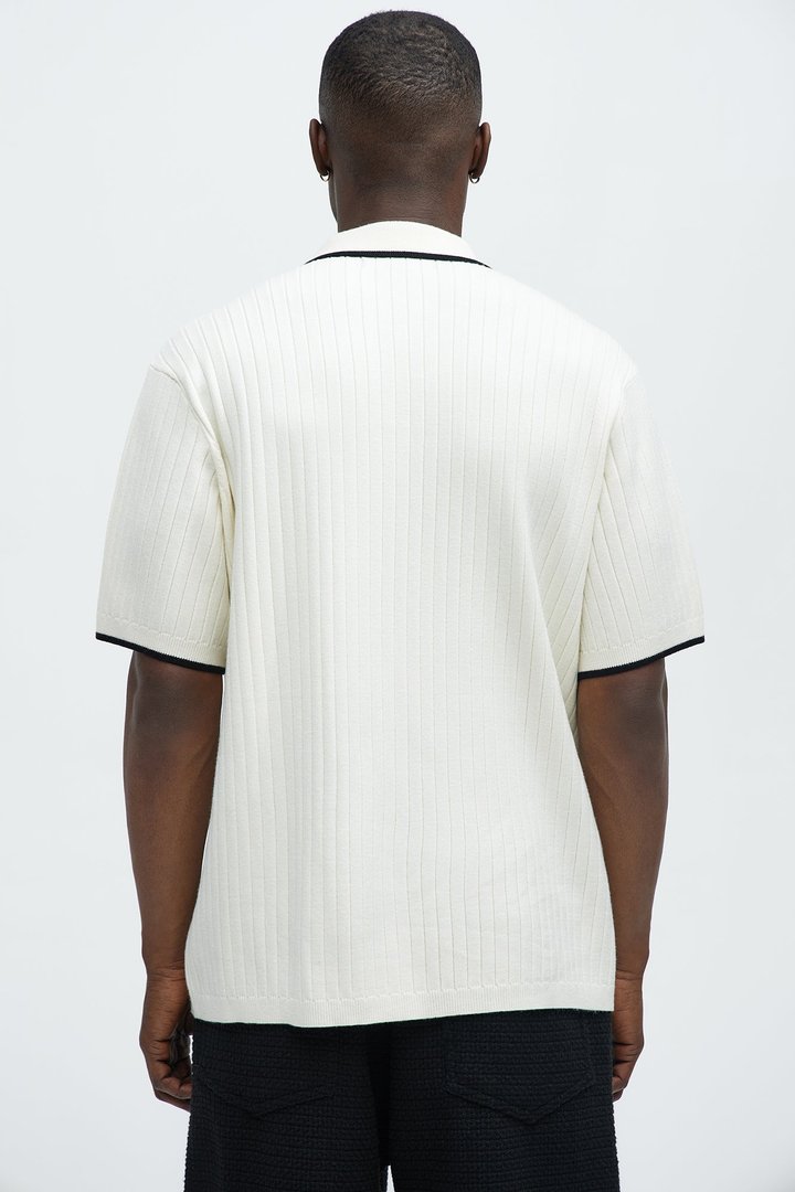 Garrison Knitted Johnny Collar Short Sleeve Polo - Cream/combo