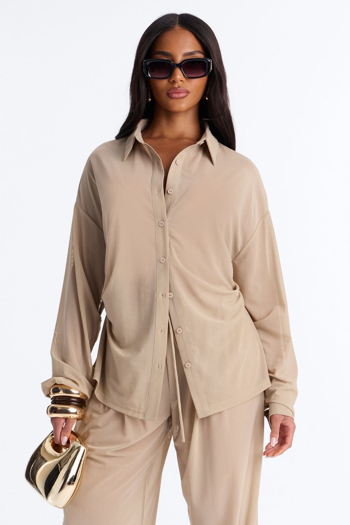 Staying In Mesh Collard Long Sleeve Shirt - Taupe