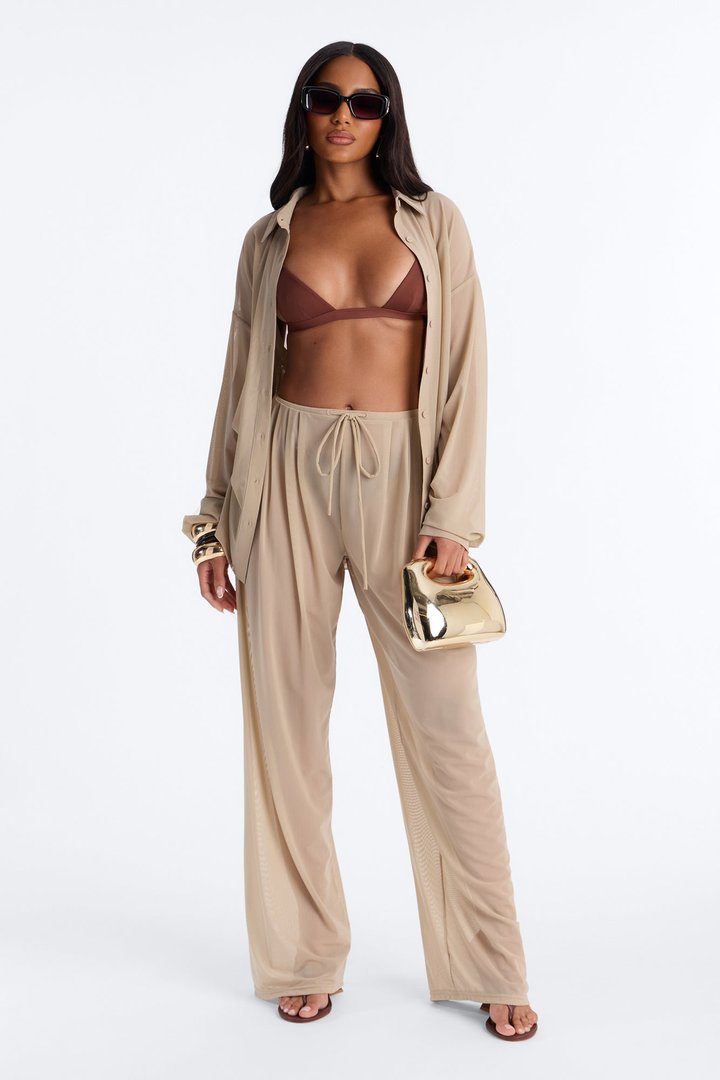 Staying In Mesh Collard Long Sleeve Shirt - Taupe