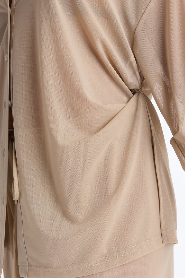 Staying In Mesh Collard Long Sleeve Shirt - Taupe