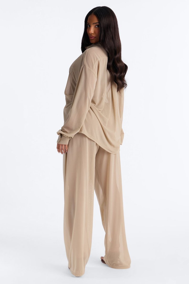 Staying In Mesh Collard Long Sleeve Shirt - Taupe