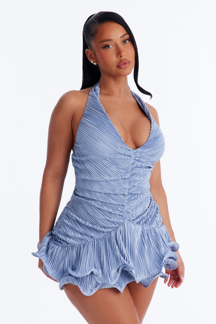 Isn't She Lovely Ruffle Plisse Mini Dress - Dusty Blue