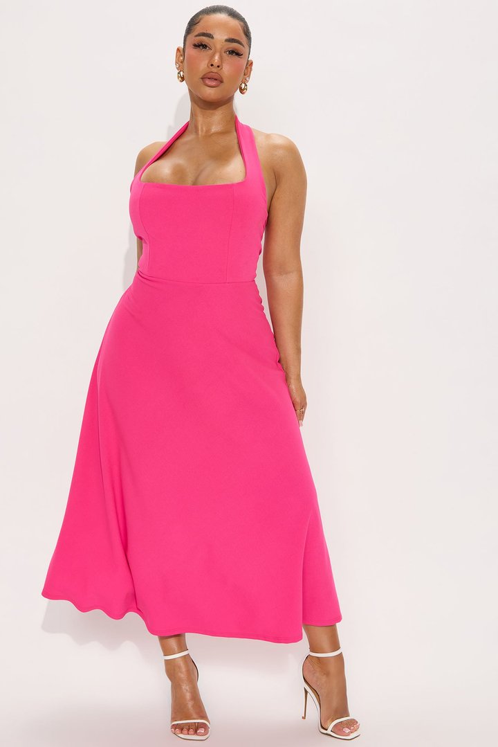 Alena Halter Midi Dress - Neon Pink