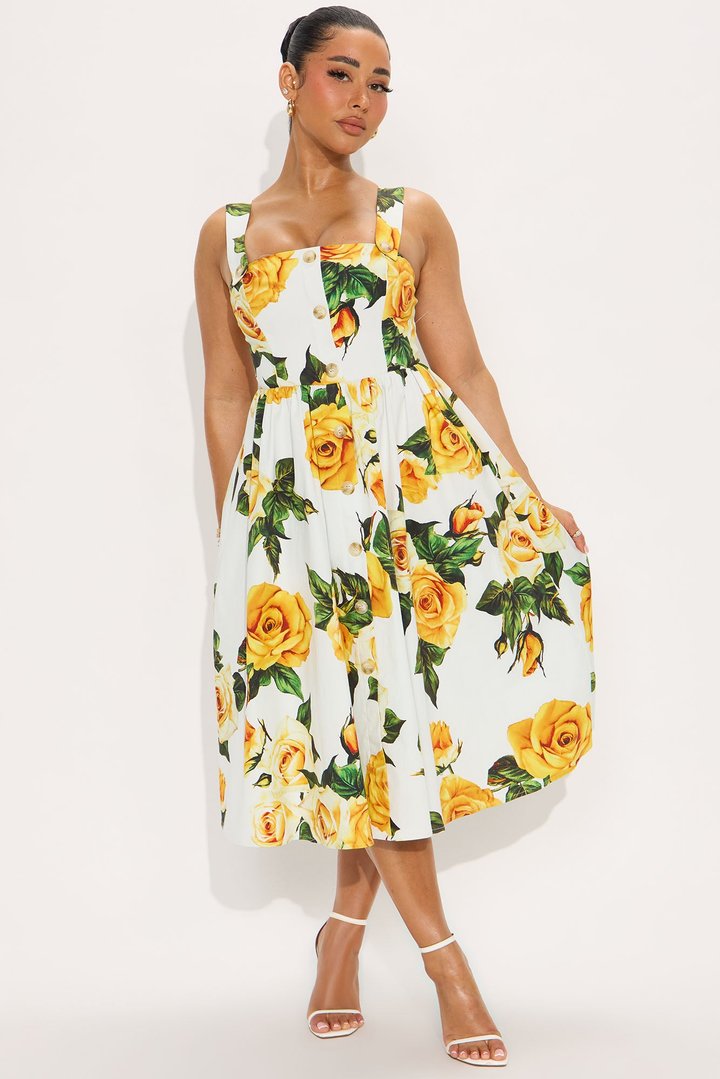 Sunday Symphony Floral Midi Dress - Yellow/combo
