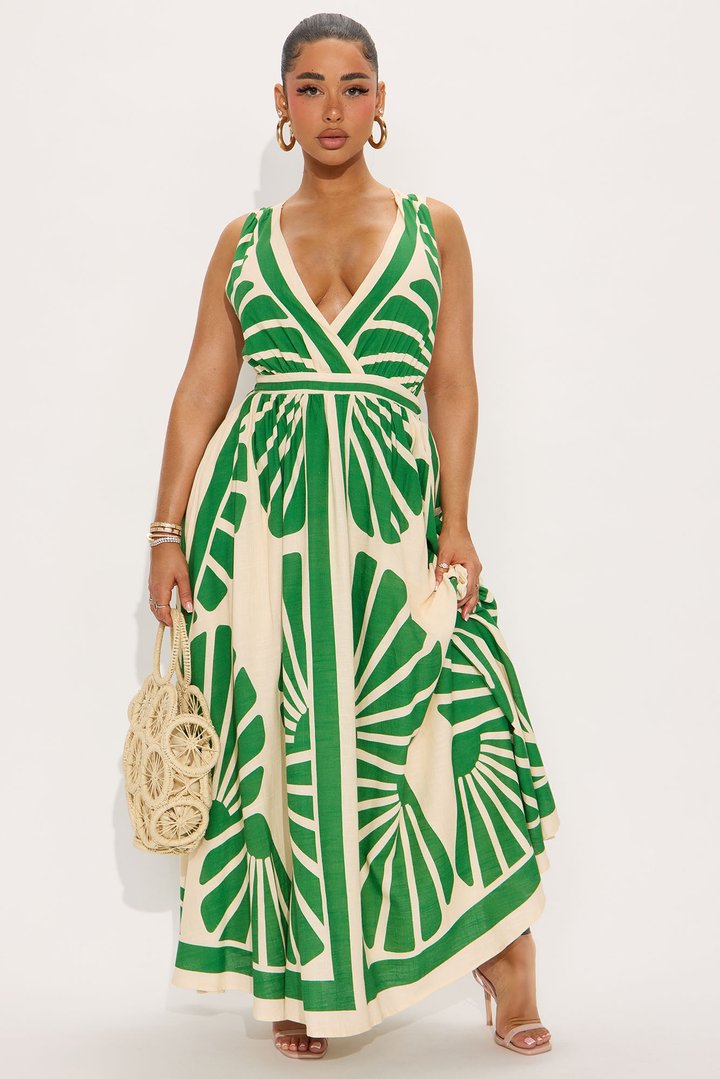 On Vacation Linen Maxi Dress - Green/combo