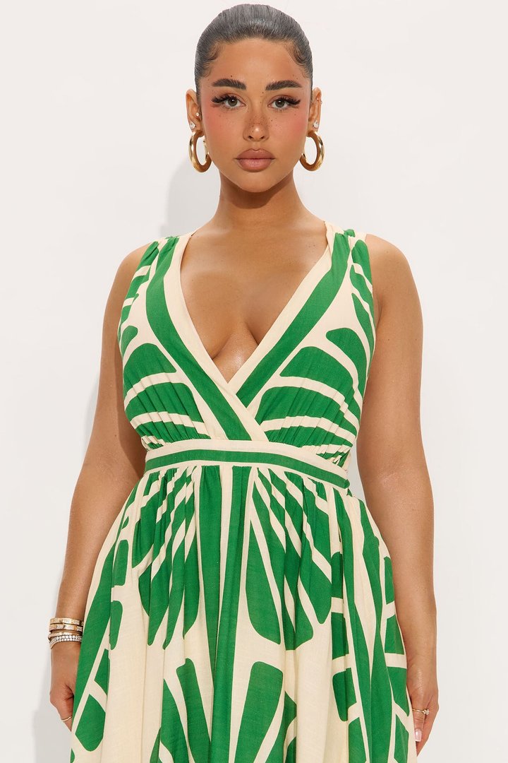 On Vacation Linen Maxi Dress - Green/combo