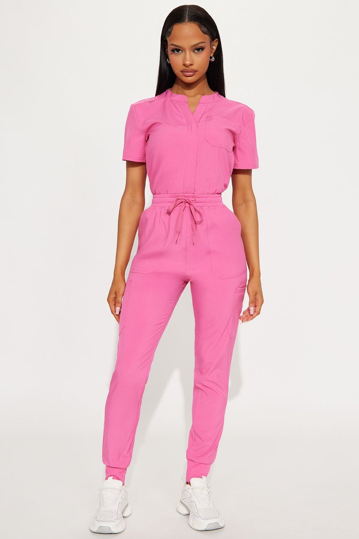 Full Shift Stretch Jogger Scrub Uniform Jumpsuit - Hot Pink