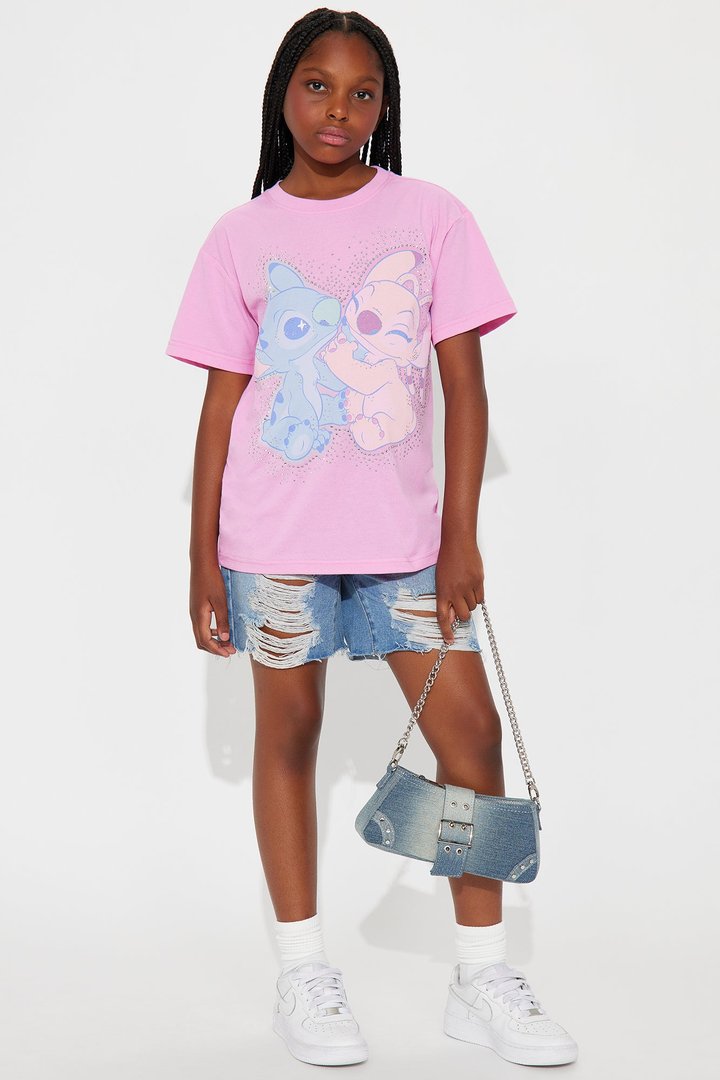Mini Stitch & Angel Rhinestone Boyfriend Tee - Pink