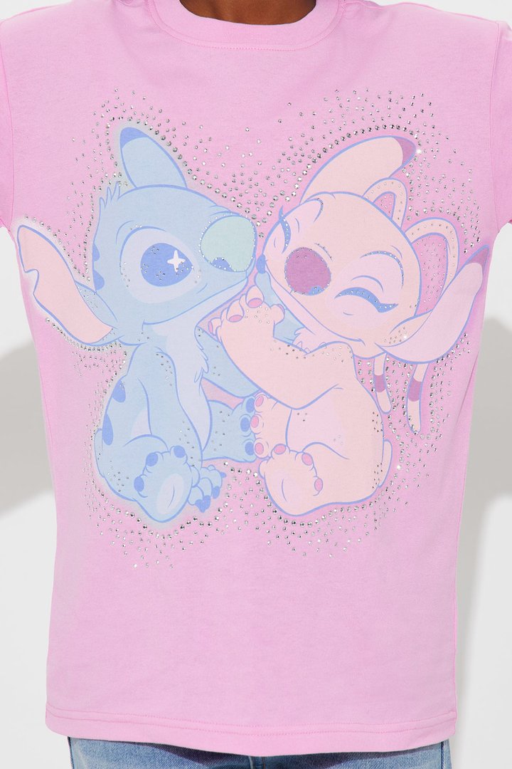 Mini Stitch & Angel Rhinestone Boyfriend Tee - Pink