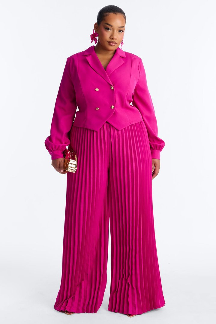 Office Ready Pleated Wide Leg Jumpsuit - Fuchsia