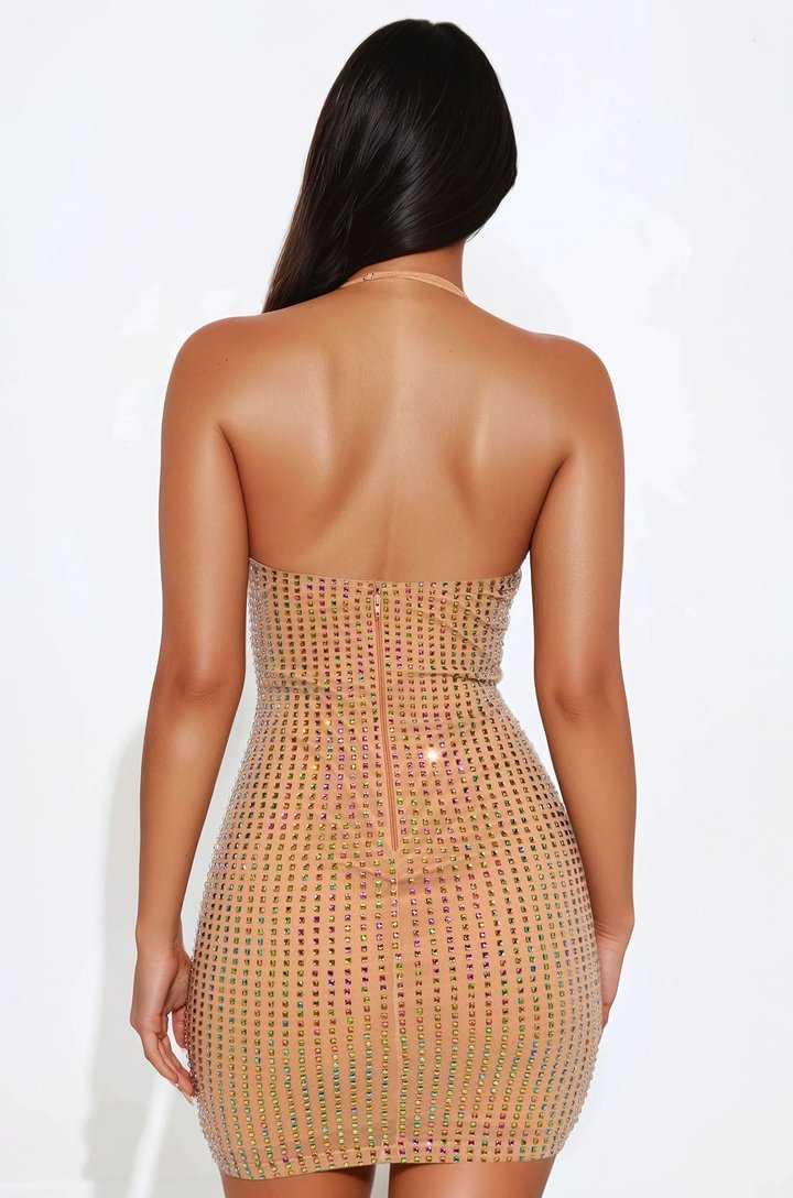 Night Of Glamour Embellished Mesh Mini Dress - Nude