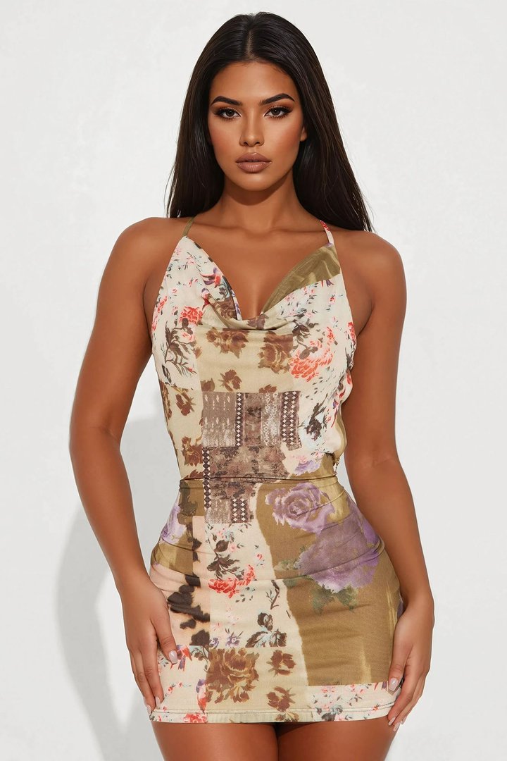 A Little Bliss Floral Mesh Mini Dress - Olive/combo