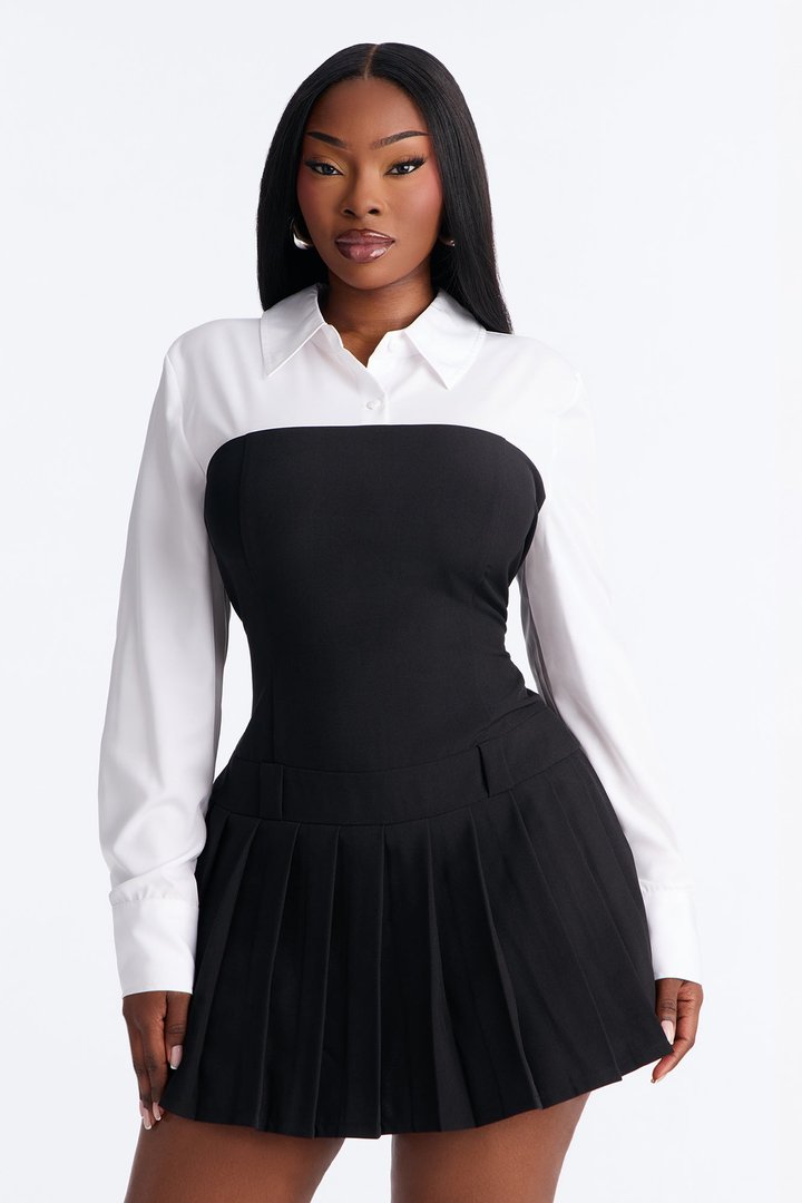 Kayla Poplin Skort Romper - Black/White