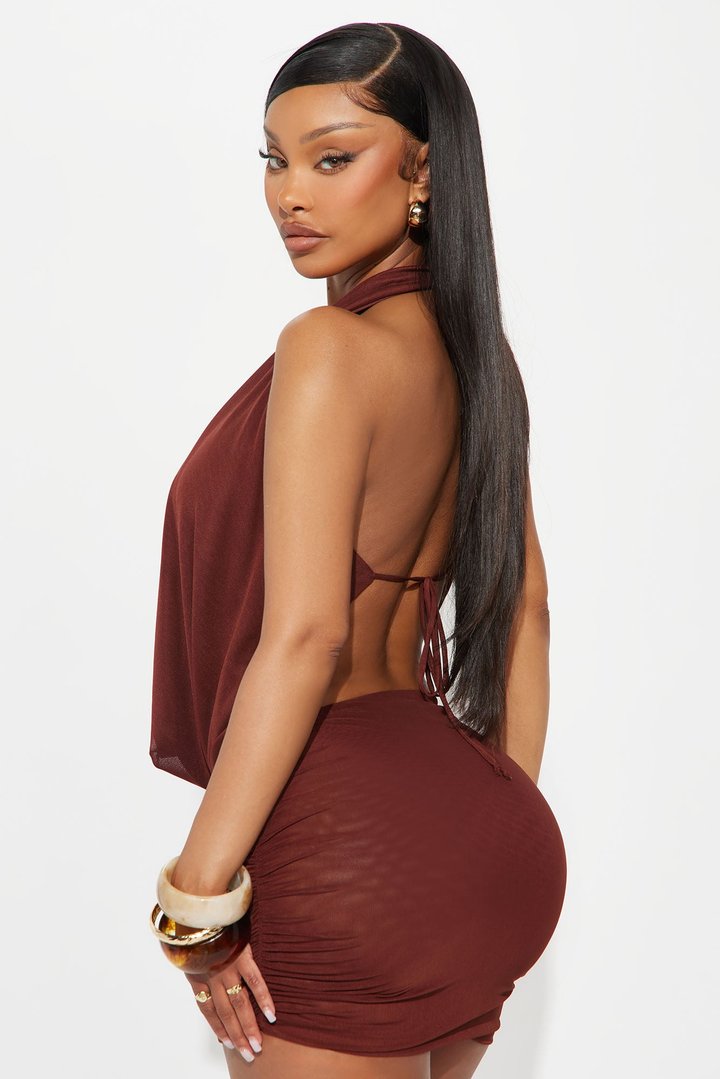 Shayna Cowl Halter Mesh Mini Skirt Set - Brown