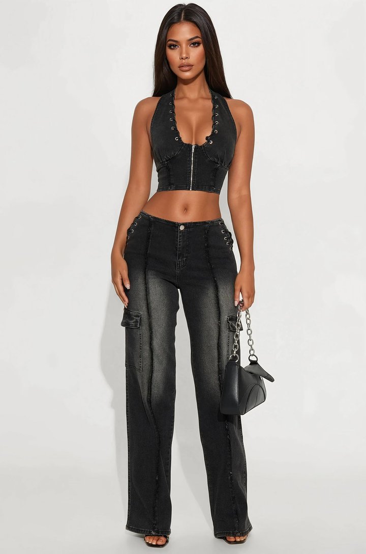 Living On Edge Denim Pant Set - Black