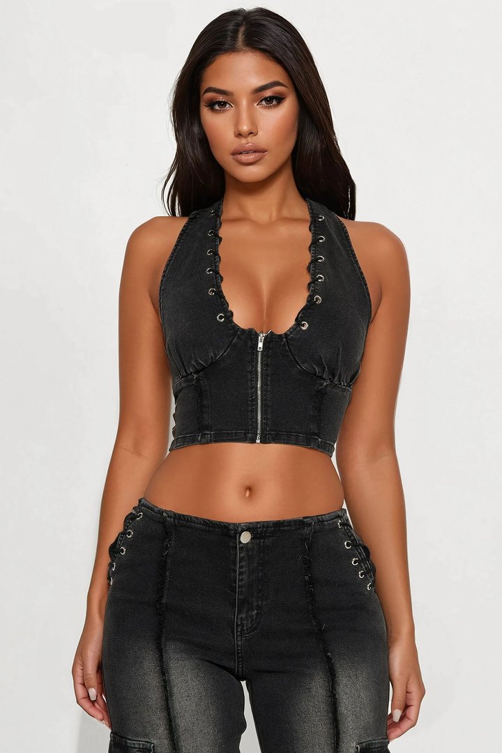 Living On Edge Denim Pant Set - Black