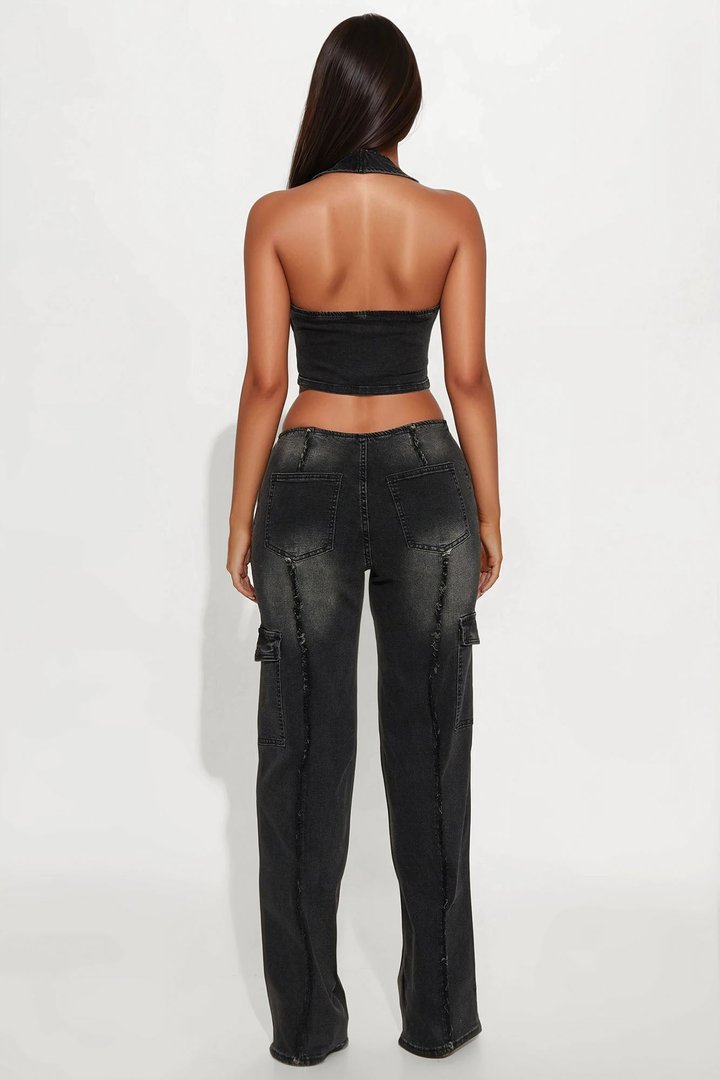 Living On Edge Denim Pant Set - Black
