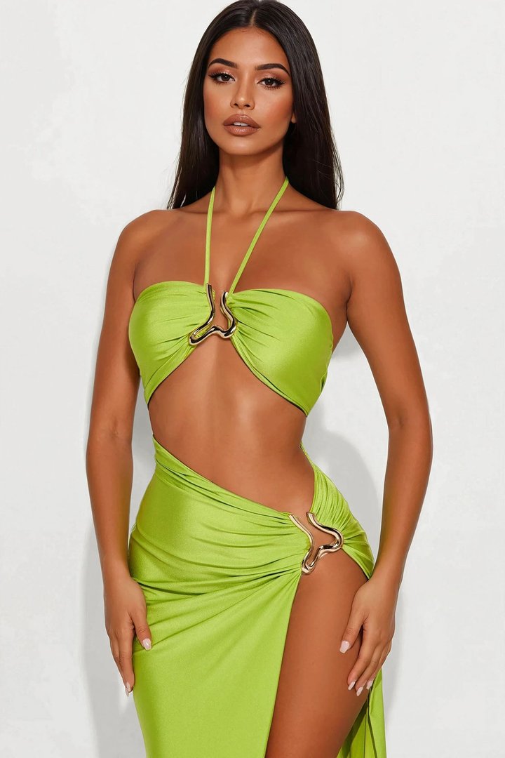 Elma Cut Out Tricot Halter Maxi Dress - Chartreuse